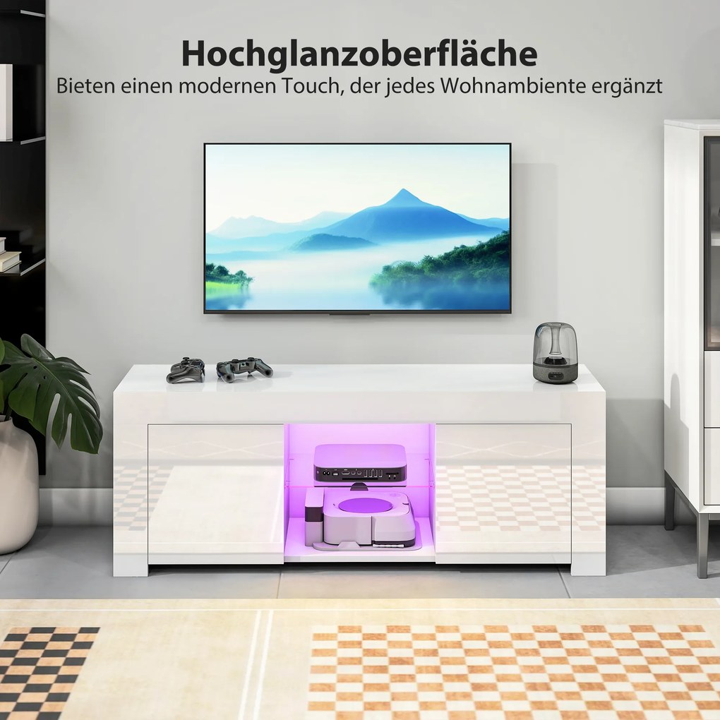 HOMCOM Stolik RTV z LED biała szafka pod telewizor do salonu z półką szklaną i otworami na kable | Aosom PL