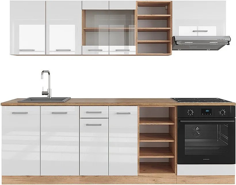 Zabudowa kuchenna biały wysoki połysk/złoty dąb power 240x60x81.6 r-line