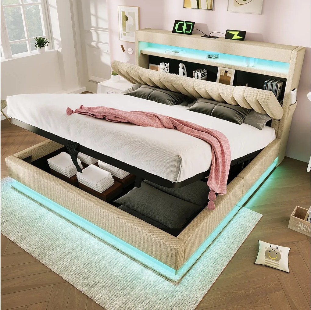 Łóżko tapicerowane podwójne ze schowkiem - 180 x 200 cm - z zagłówkiem + USB + LED + schowek hydrauliczny - len - beż
