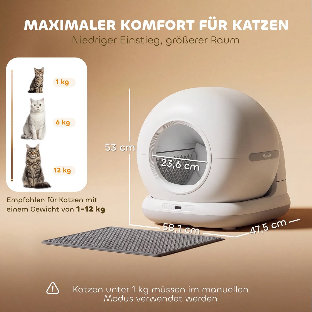 PawHut Samoczyszcząca kuweta, XL 72L, automatyczna kuweta z kamerą HD, sterowanie aplikacją, worki na odpady, dla kotów 1-12 kg | Aosom PL