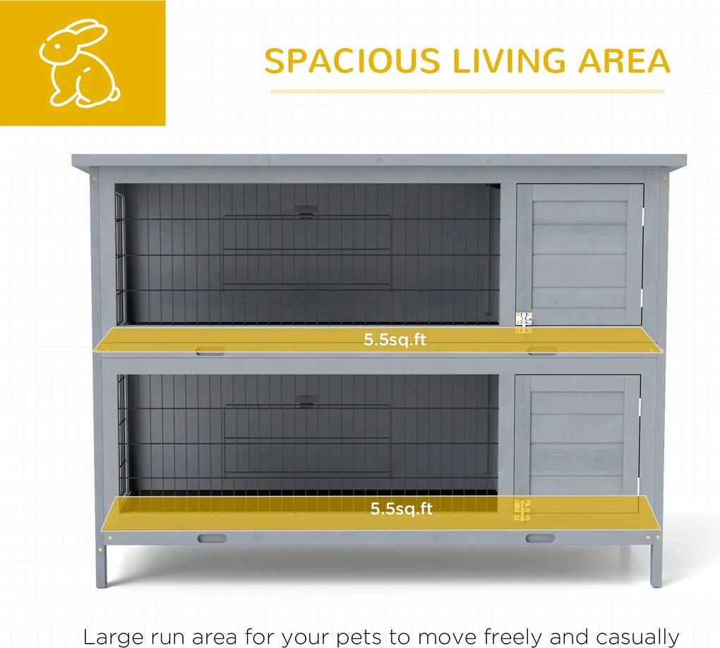PawHut Klatka dla królików z drewna z 2 poziomami, dach z papy, tacki na dno, drzwi dla małych zwierząt, 136,4 x 50 x 93 cm, szara | Aosom PL