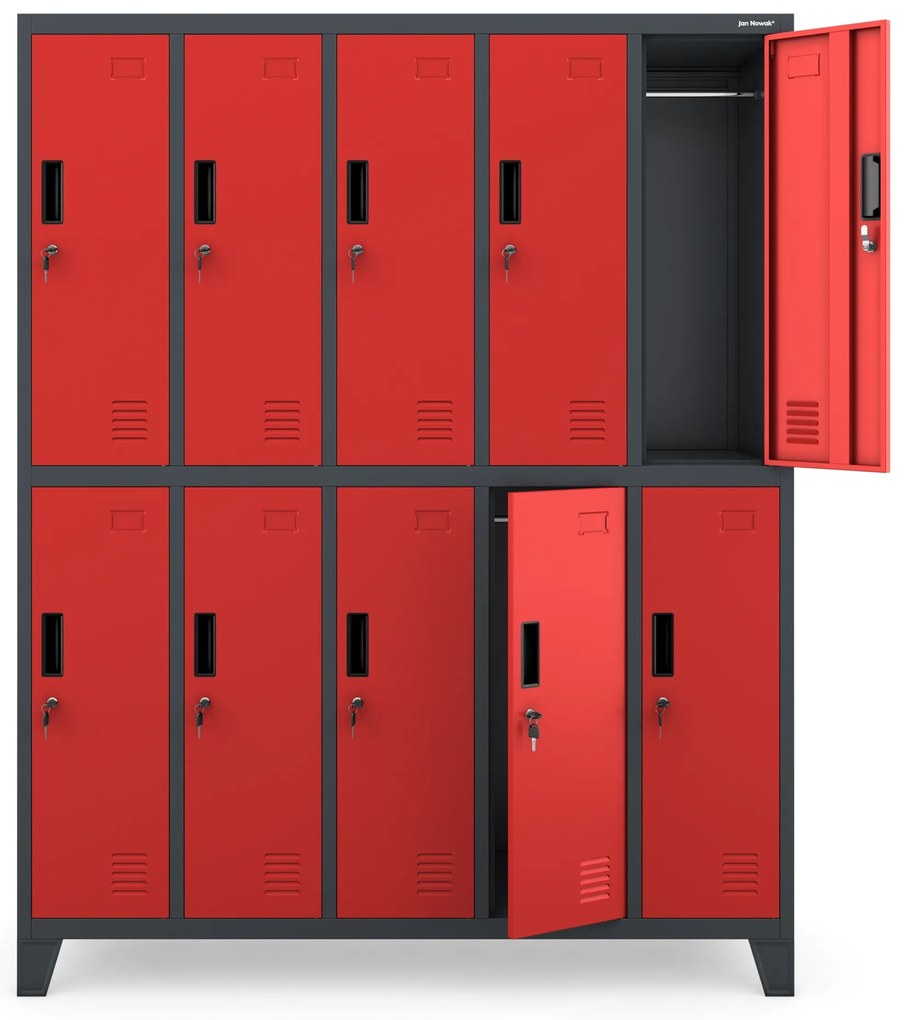 Szafa socjalna ubraniowa BHP 10-drzwiowa antracytowo-czerwona: BARTEK, 1360 x 1720 x 450 mm