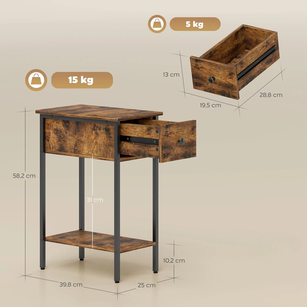 HOMCOM Stolik boczny z otwartą półką i szufladą, stolik nocny, metalowe nogi, drewno, brązowy