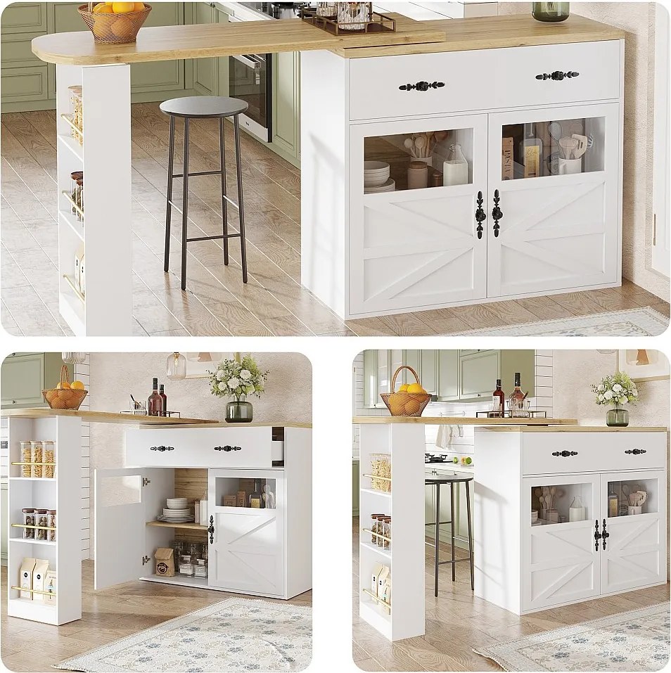 Rozkładany barek - 138-204 x 39 x 104 cm - obrotowy stół jadalny 360° - z 2 drzwiami + 1 szufladą - MDF - biały