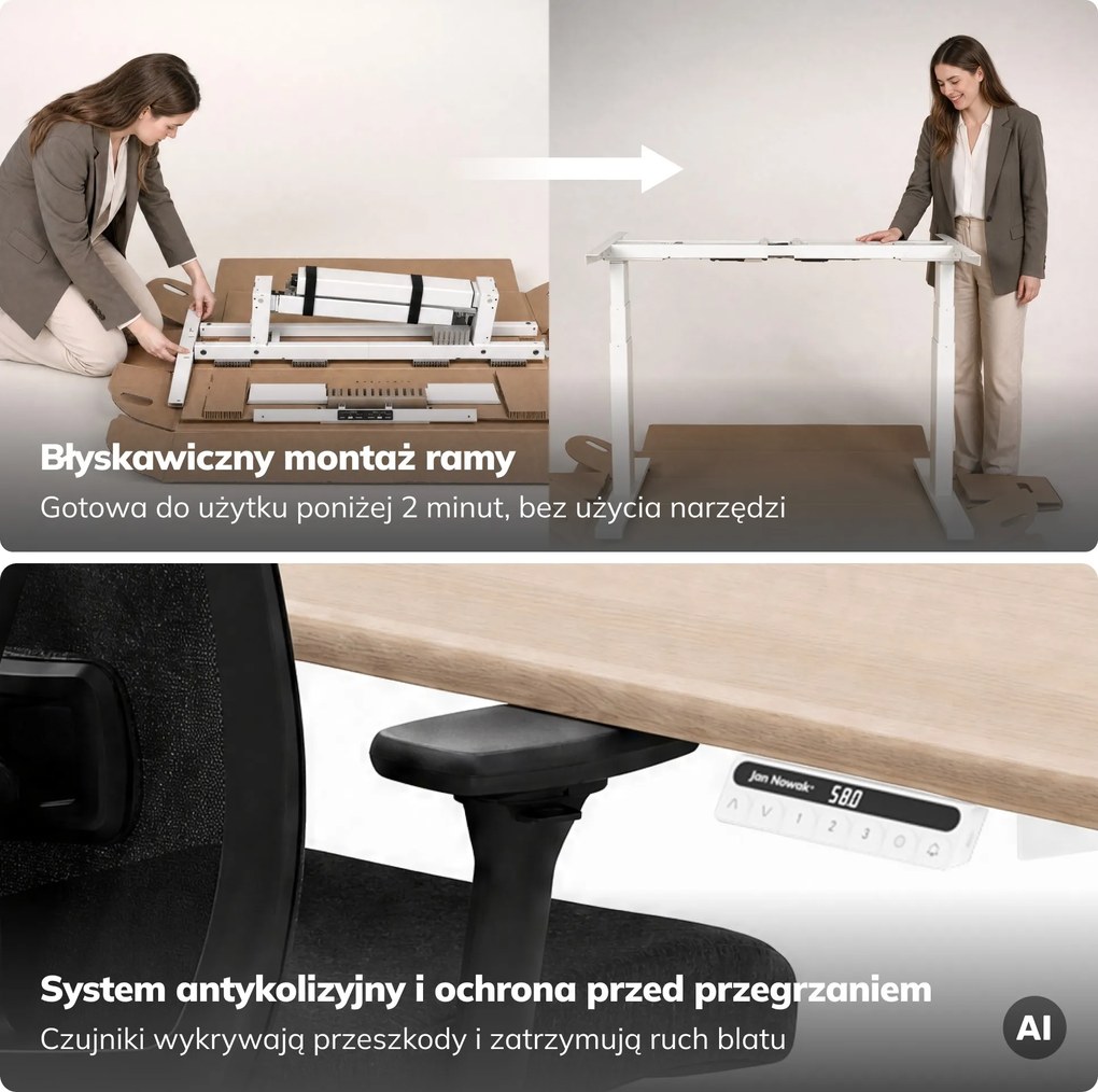 Biurko elektryczne z regulacją wysokości ergonomiczne białe/dąb sonoma,1200x600 mm: ARIA
