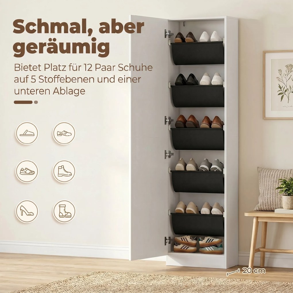 HOMCOM Szafka na buty z lustrem, 5-stopniowa wąska komoda z drzwiami z cichym domykaniem, na 12 par, 50 x 20 x 180 cm, Biały | Aosom PL