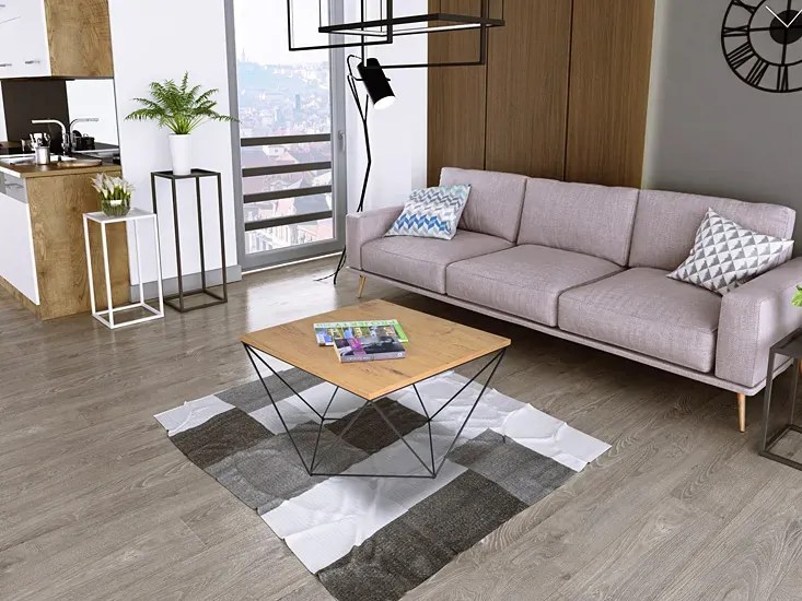Druciany stolik kawowy w stylu loft dąb lancelot + czarny - Mokita 3X