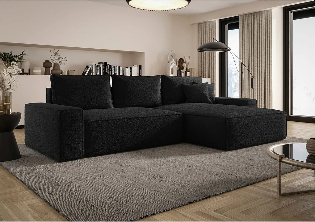 NAROŻNIK MONA z funkcją spania QUELLE 100 Czarny Prawy Sofa w kształcie L z pojemnikiem na pościel, sofa rozkładana, sofa do salonu