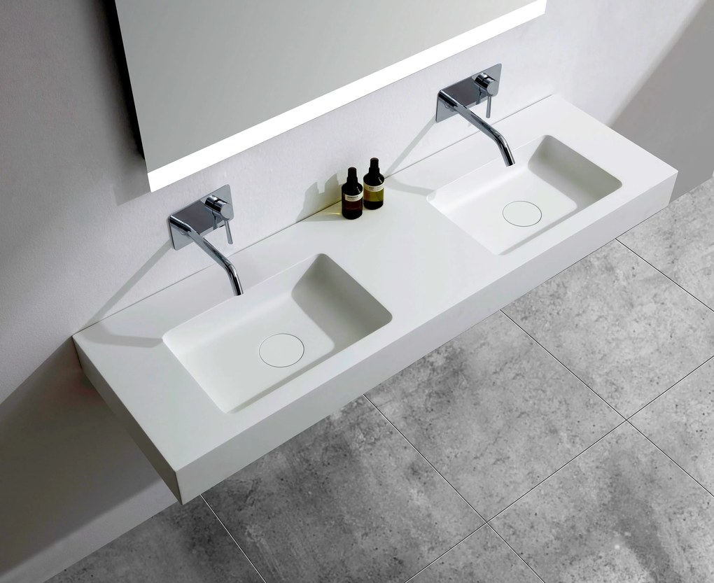Podwójna umywalka ścienna BA8015 z odlewu mineralnegoOpcjonalna metalowa konsola - 153 x 45 x 12 cm