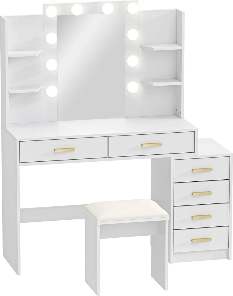 HOMCOM Toaletka z podświetlanym lustrem i tapicerowanym stołkiem, zestaw do makijażu z 6 szufladami i półkami, Biały | Aosom PL