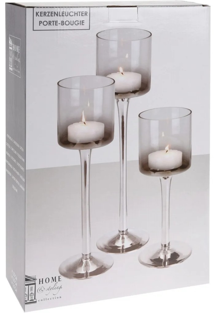 Zestaw świeczników Home&styling, 3 szt., szarosrebrne szkło