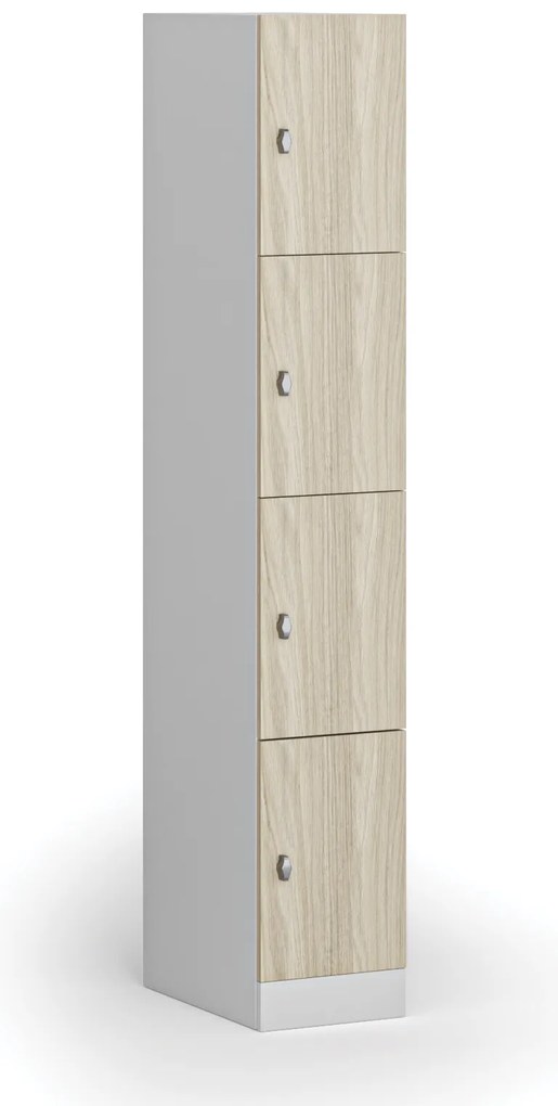 Szafka skrytkowa, 4 schowki, 1850 x 300 x 500 mm, demontaż, zamek obrotowy, drzwi laminowane, dąb naturalny