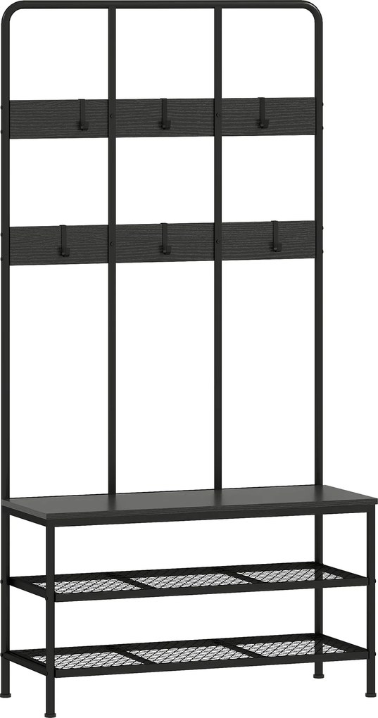 HOMCOM 3-w-1 Wieszak, haki na odzież, ławka, regał na buty, metal, płyta wiórowa, Czarny