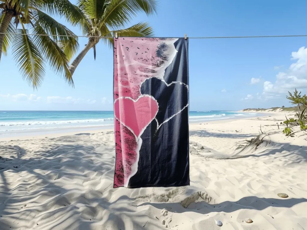Ręcznik plażowy szybkoschnący SEA OF HEARTS różowo-czarny 70 x 140 cm, 100% mikrofibra