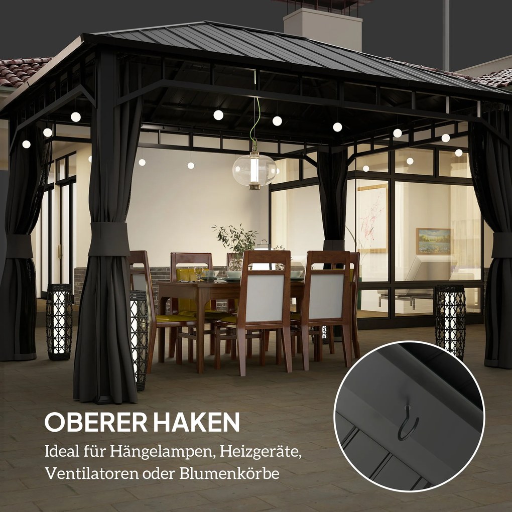 Outsunny Pawilon Ogrodowy, Metalowy Pawilon, Wodoodporny, UV-odporny, Pawilon Tarasowy z Siątkową Ścianą i Zasłonami, Ciemnoszary