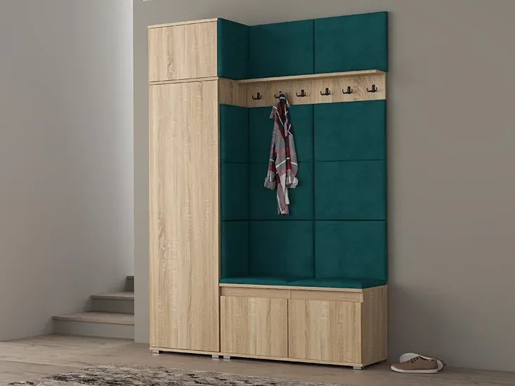 Garderoba z welurowym panelem ściennym dąb sonoma + butelkowa zieleń Z3-B52