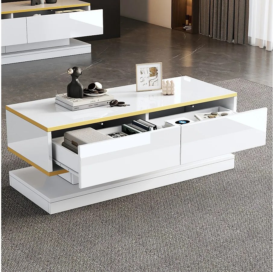 Stolik kawowy błyszczący - 100 x 50 x 38 cm - z 2 szufladami - stolik boczny - płyta wiórowa - biały