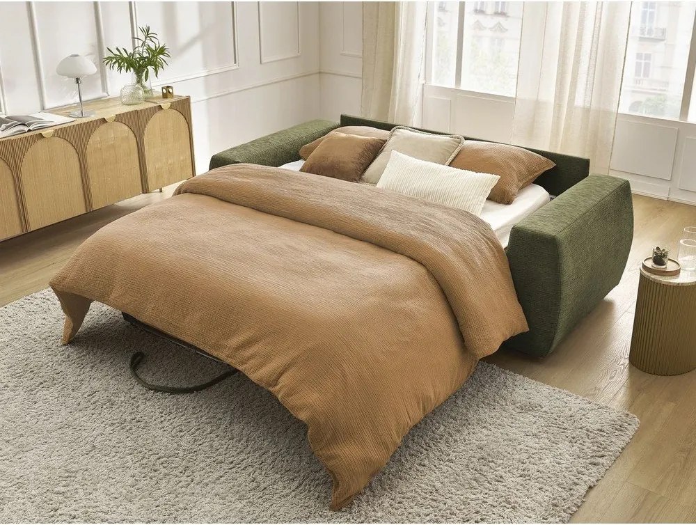 Zielona rozkładana sofa do spania z tkaniny szenilowej 240 cm Hugo – Bobochic Paris