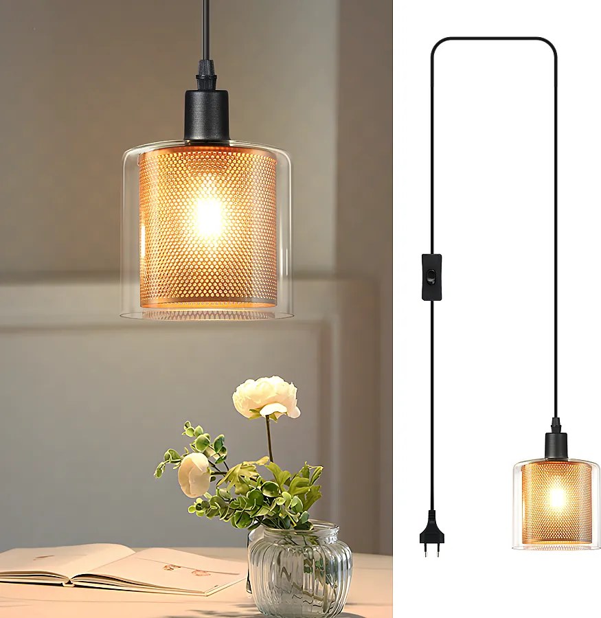 NETTLIFE Lampa wisząca Vintage z jednym płomieniem: Złota lampa wisząca ze szkła z wtyczką i przełącznikiem Lampa wisząca E14