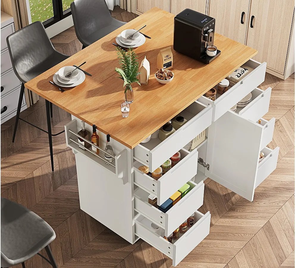 Mobilna wyspa kuchenna - Blat wysuwany - 8 szuflad i 1 drzwi - Z półką na przyprawy - MDF - Biały