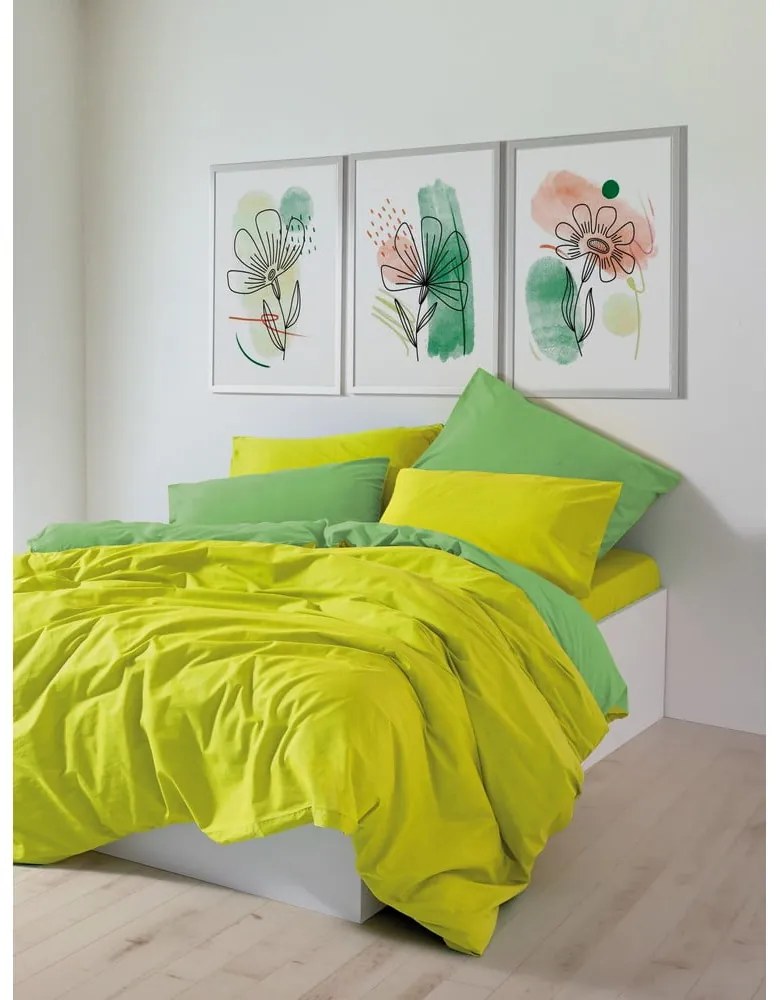 Żółto-zielona pościel dwuosobowa z bawełny renforcé z prześcieradłem/4-częściowa 200x220 cm Sage – Mijolnir