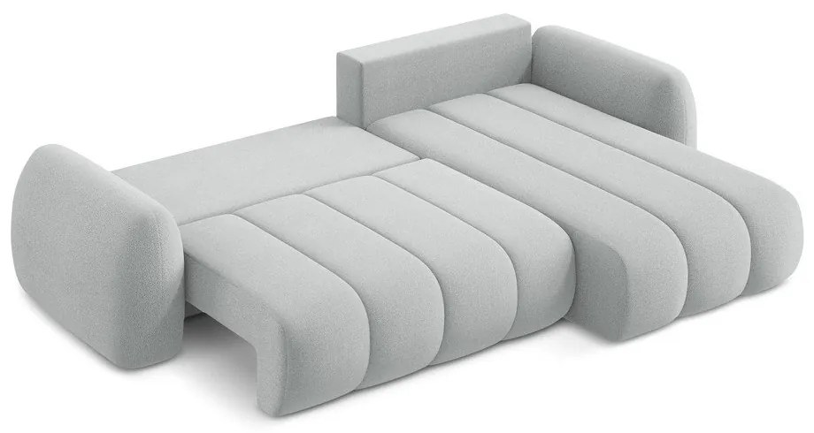 Jasnoszary rozkładany narożnik z materiału bouclé ze schowkiem (prawostronny/z szezlongiem) Pele – Makamii