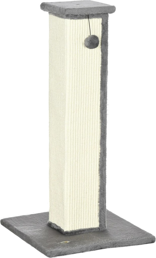 PawHut Drapak dla kotów, z piłeczką do zabawy, plusz, sizal, 41 cm x 41 cm x 81 cm, Krem + Szary