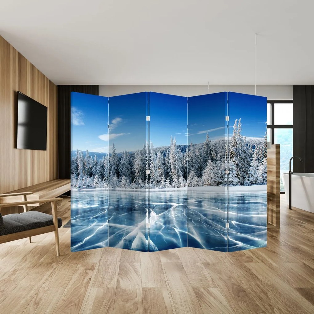 Parawan - Zamarznięte jezioro i pokryte śniegiem drzewa (210x170 cm)