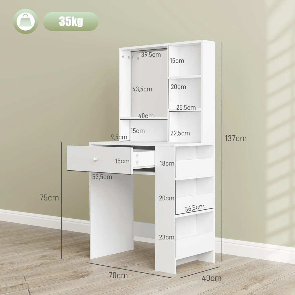 HOMCOM Toaletka z Lustrami, Szafa, 3-stopniowa Półka Boczna, Płyta Wiórowa, Biała