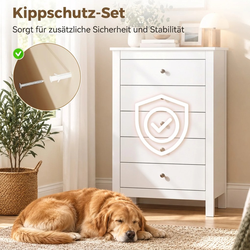 HOMCOM Komoda z 5 szufladami, mebel z łatwo wysuwającymi się prowadnicami do sypialni, 60 x 39,5 x 95,3 cm, Biały | Aosom PL