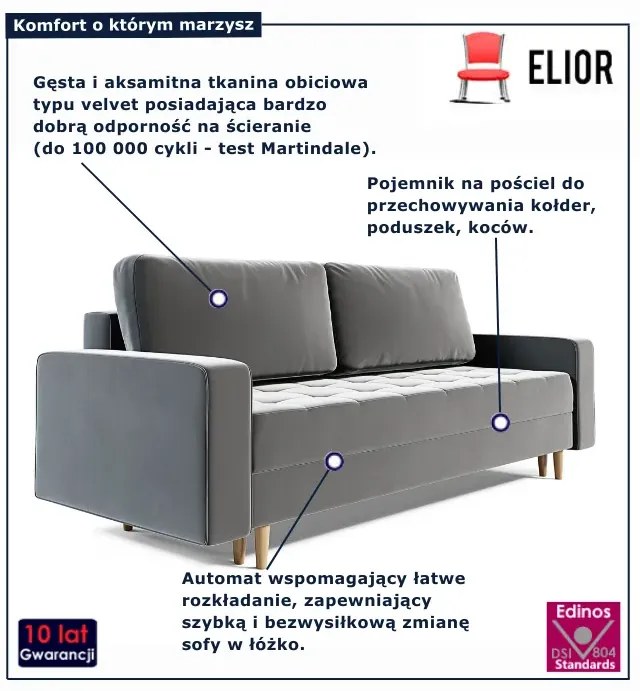 Szara welurowa sofa rozkładana z pojemnikiem A3-B09