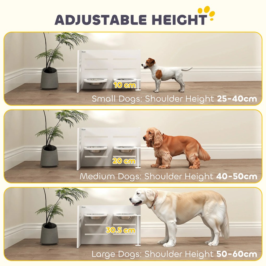 PawHut Stelaż na miskę dla psów, regulowane miski z oddzielnym designem, 2 miski ze stali nierdzewnej, mata przeciw połykaniu, Biały