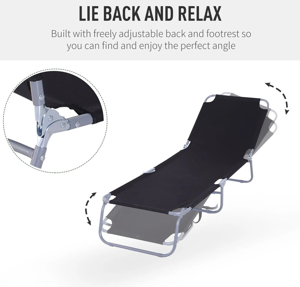 Outsunny Leżak Plażowy Czarny z Regulowanym Oparciem Składany Idealny na Balkon i Taras do 120 kg | Aosom PL