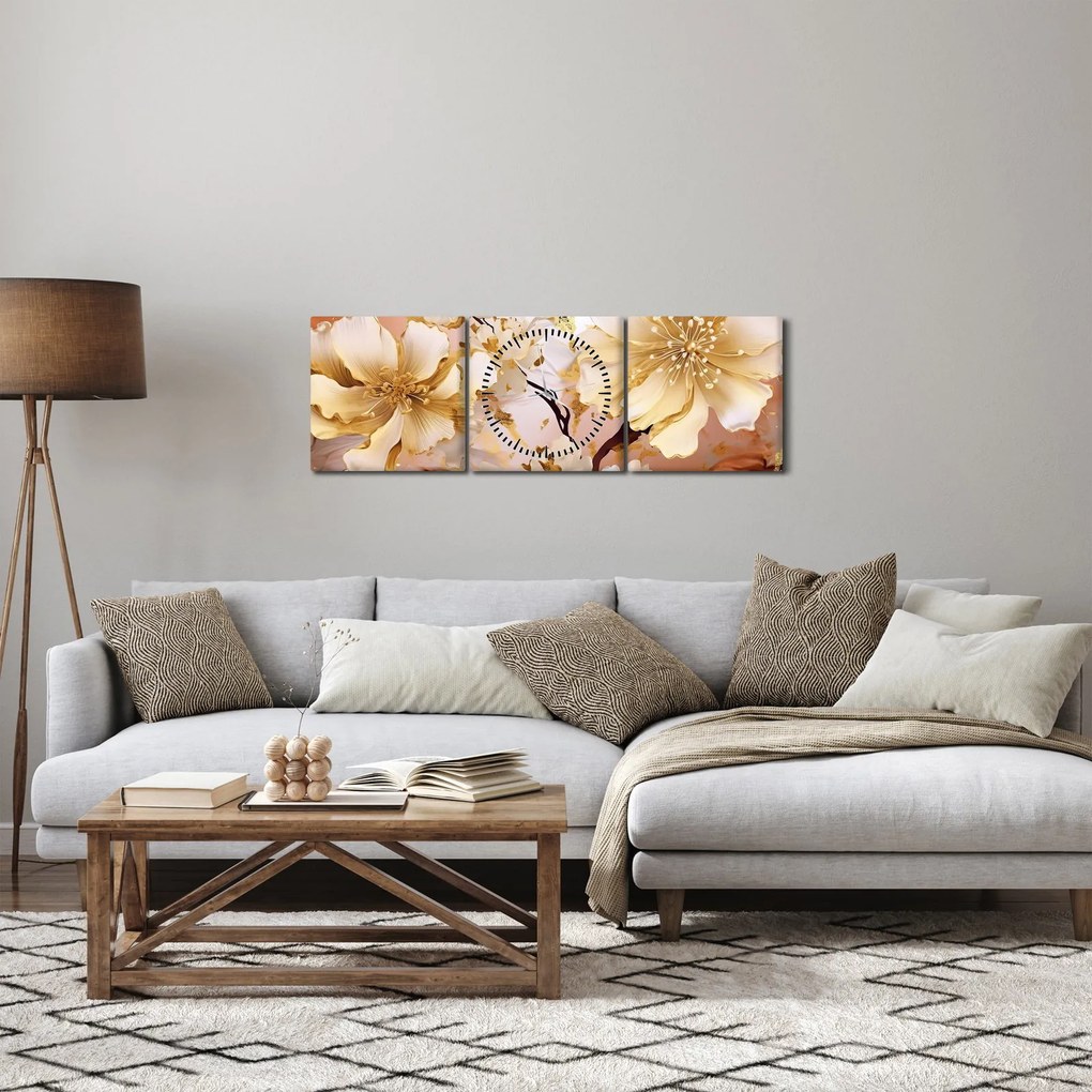 Obraz - Złote kwiaty (z zegarem) (90x30 cm)