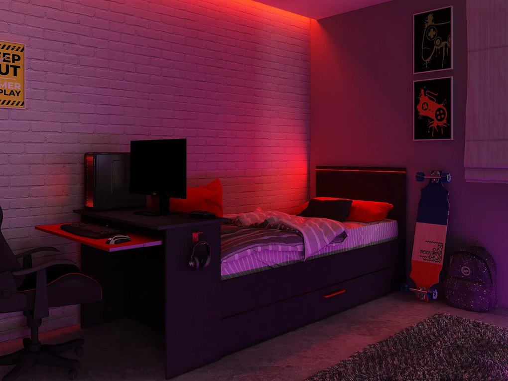 Łóżko wysuwane dla graczy 2 x 90 x 200 - Z biurkiem - Diody LED - Antracyt i czerwień + Stelaż - VOUANI
