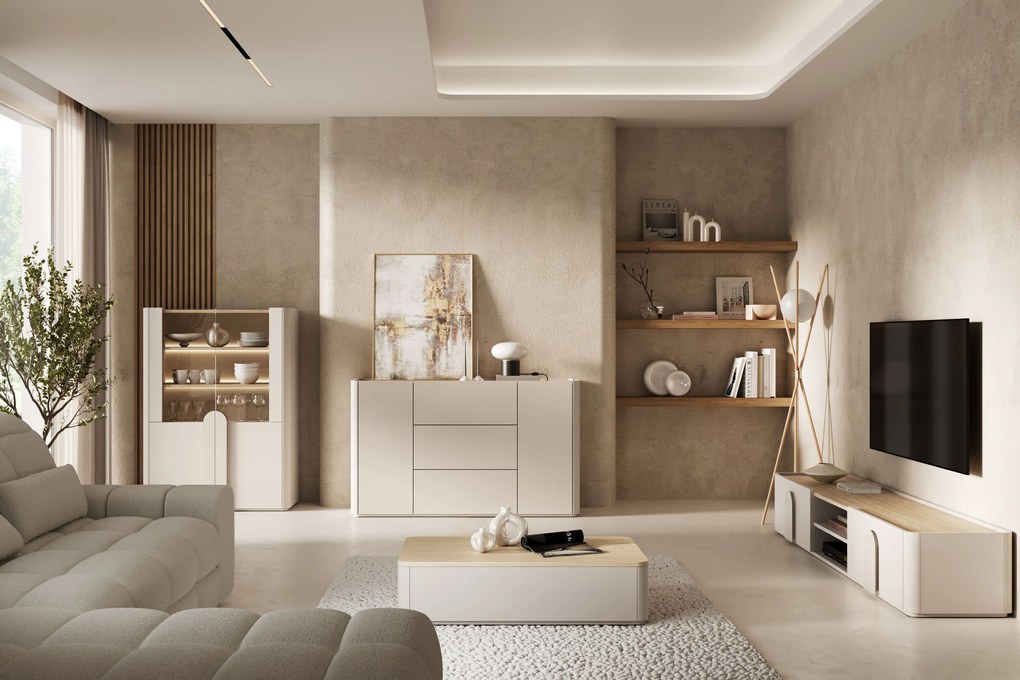 Witryna Amilio do salonu 100 cm - kaszmir / dąb olejowany / uchwyty kaszmir