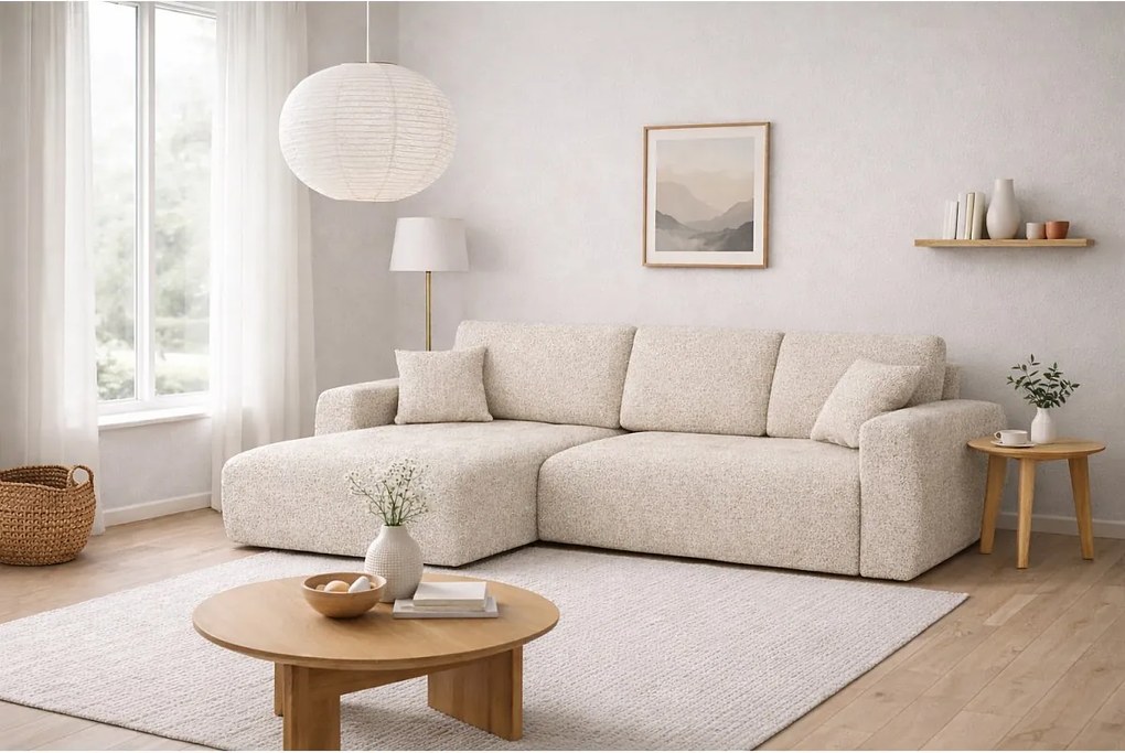 Narożnik w kształcie L z funkcją spania i pojemnikiem Ivo XL, tkanina szenilowa Artico, Nata, Lewy