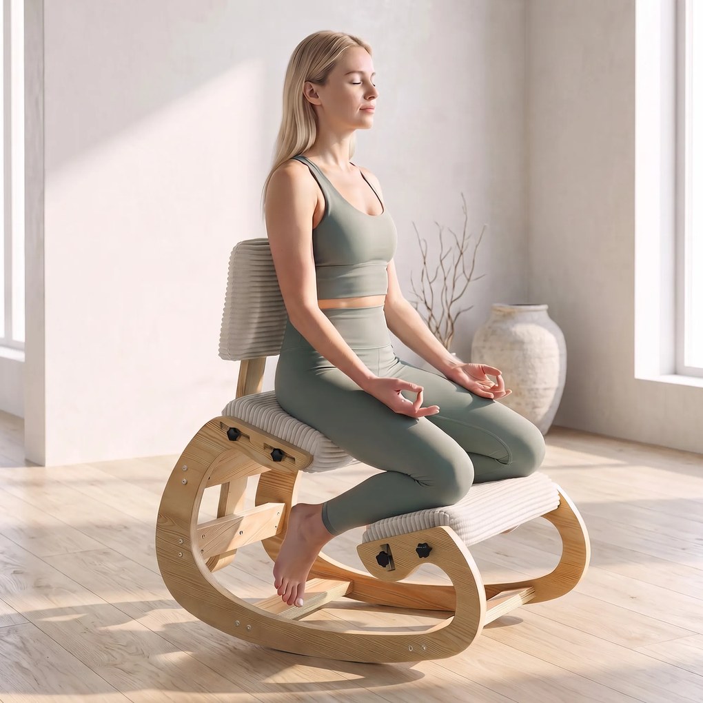 HOMCOM Ergonomiczny stołek kolanowy, stołek kolanowy z oparciem, wygląd sztruksu, fotel biurowy do domu, biura, medytacji, kremowo-biały | Aosom PL
