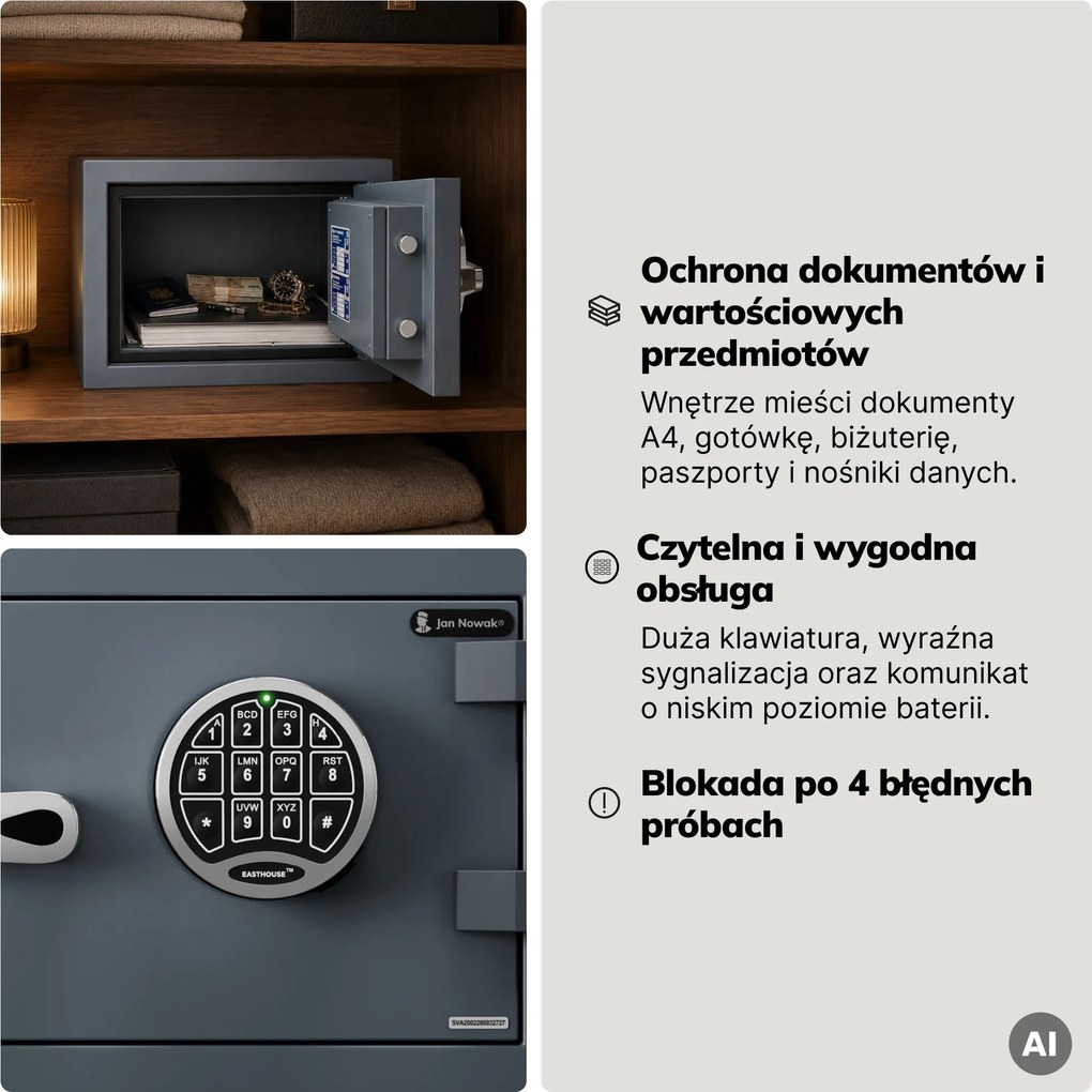 Sejf S2 antywłamaniowy, ognioodporny, elektroniczny na kod, na dokumenty, 400x280x340 mm: EDGAR