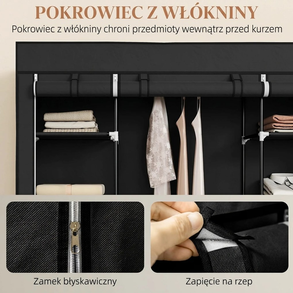 HOMCOM Szafa z włókniny Czarna Składana z 9 półkami i wieszakiem na ubrania 150x43x1625cm | Aosom PL