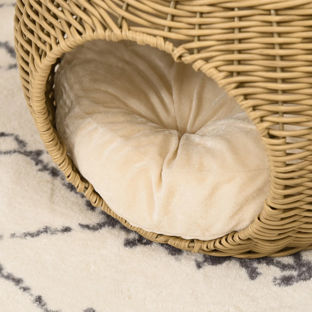 PawHut Domek dla kota kosz jaskinia 2 poziomy z plecionki imitacji rattanu z żywicy z 1 miękką poduszką Ø 40 x 30 cm jasnobrązowy | Aosom PL