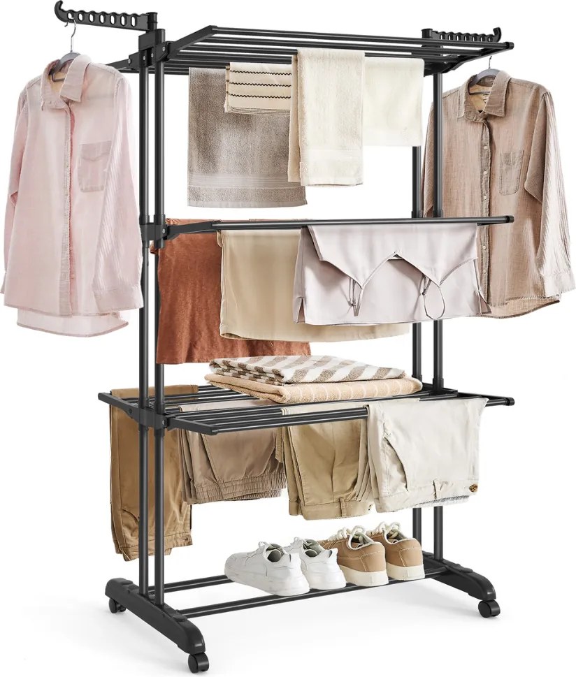 Suszarka na pranie ELTON z 4 poziomami na kółkach, 63,5x128x173cm, czarna SongmicsHome