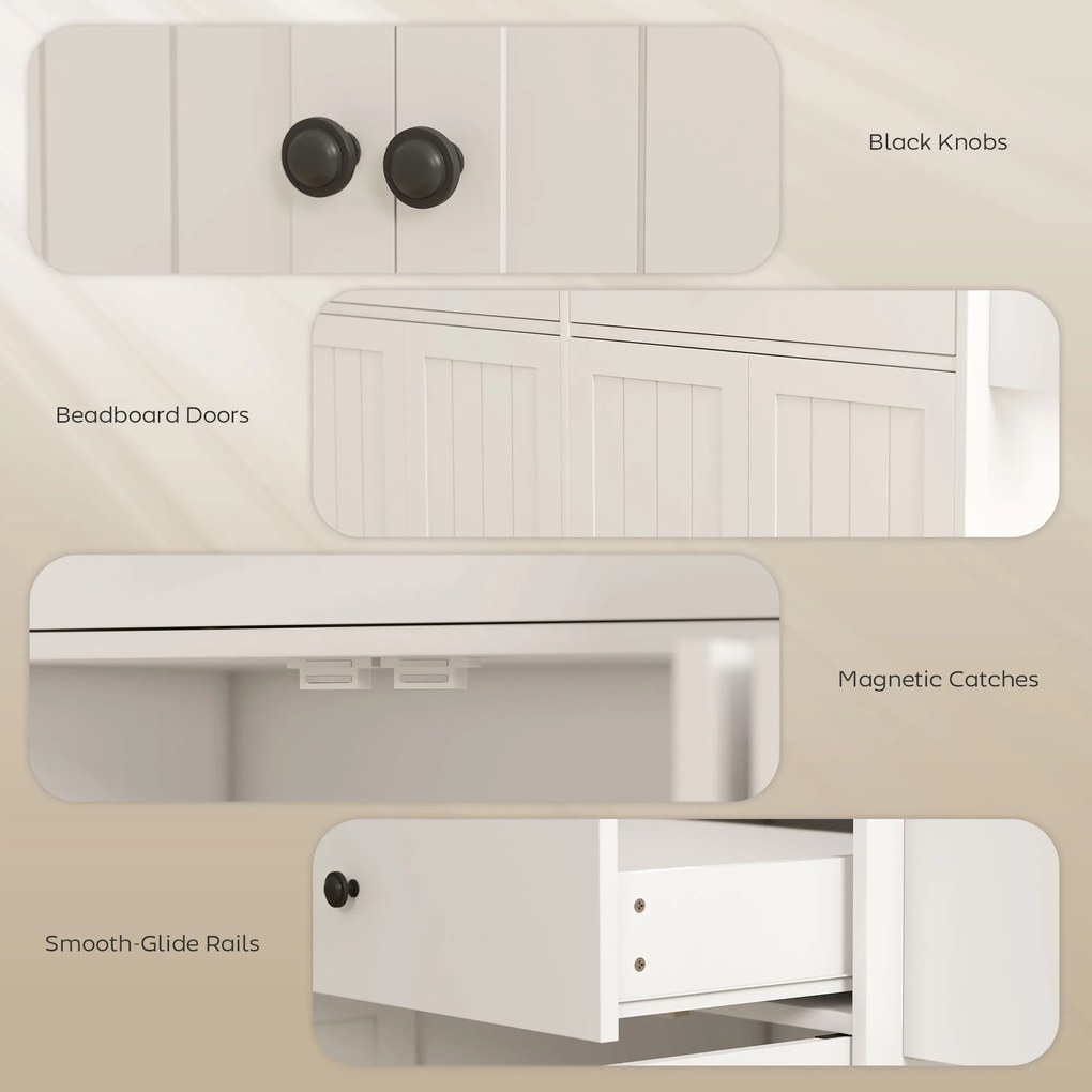 HOMCOM Przesuwna wyspa kuchenna na kółkach, 2 szuflady, 2 szafki, przesuwna, półka na przyprawy, uchwyt na ręcznik, uchwyt na noże, MDF, Biały