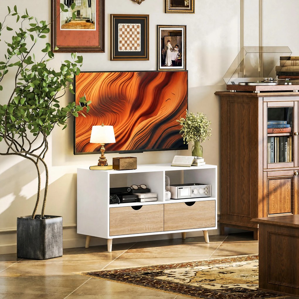 HOMCOM Szafka RTV z szufladami, Otwarci Półki, drewno, 99 x 39 x 58 cm, Biały