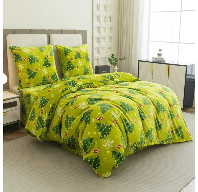 PrzytulneMieszkanie.pl PrzytulneMieszkanie.pl PrzytulneMieszkanie.pl Zestaw pościeli z mikropluszu CHRISTMAS TREE zielony + prześcieradło z mikropluszu SOFT 180x200 cm białe, podwójne łóżko