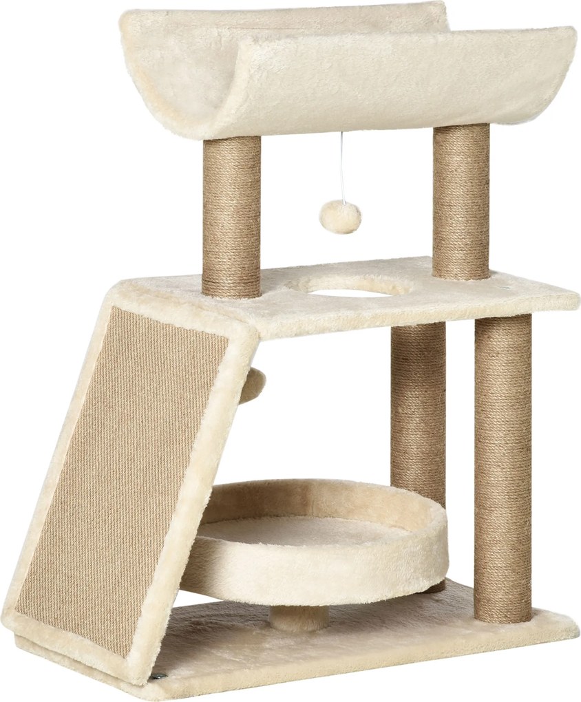 PawHut Drapak dla Kotów z Zabawką i Legowiskiem Kremowy i Naturalny 60x30x76cm Idealne Miejsce do Zabawy i Odpoczynku | Aosom PL