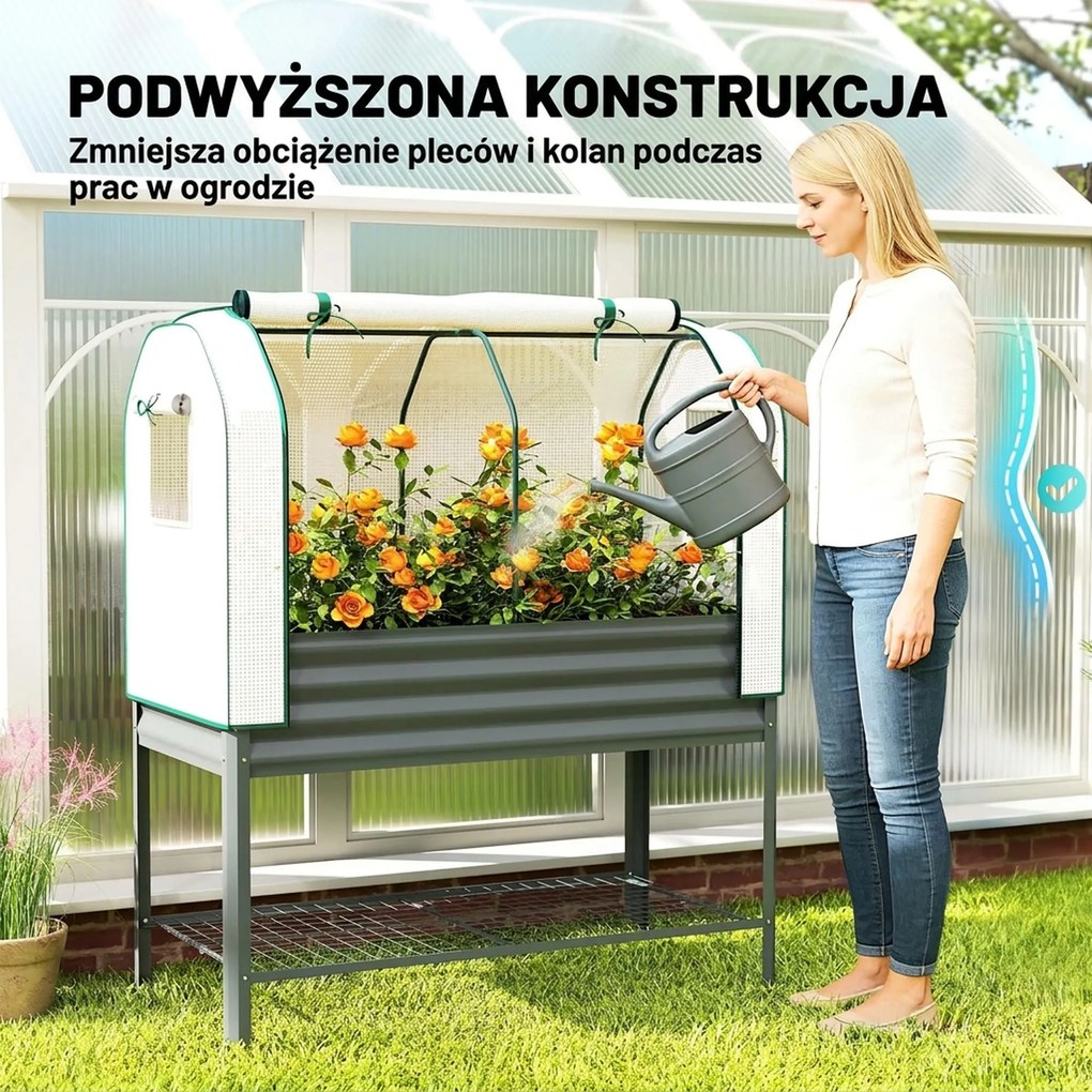 Outsunny Podwyższona grządka z nakładką szklarniową z metalu, skrzynia do sadzenia z półką, podwyższona 120 x 55 x 140 cm | Aosom PL