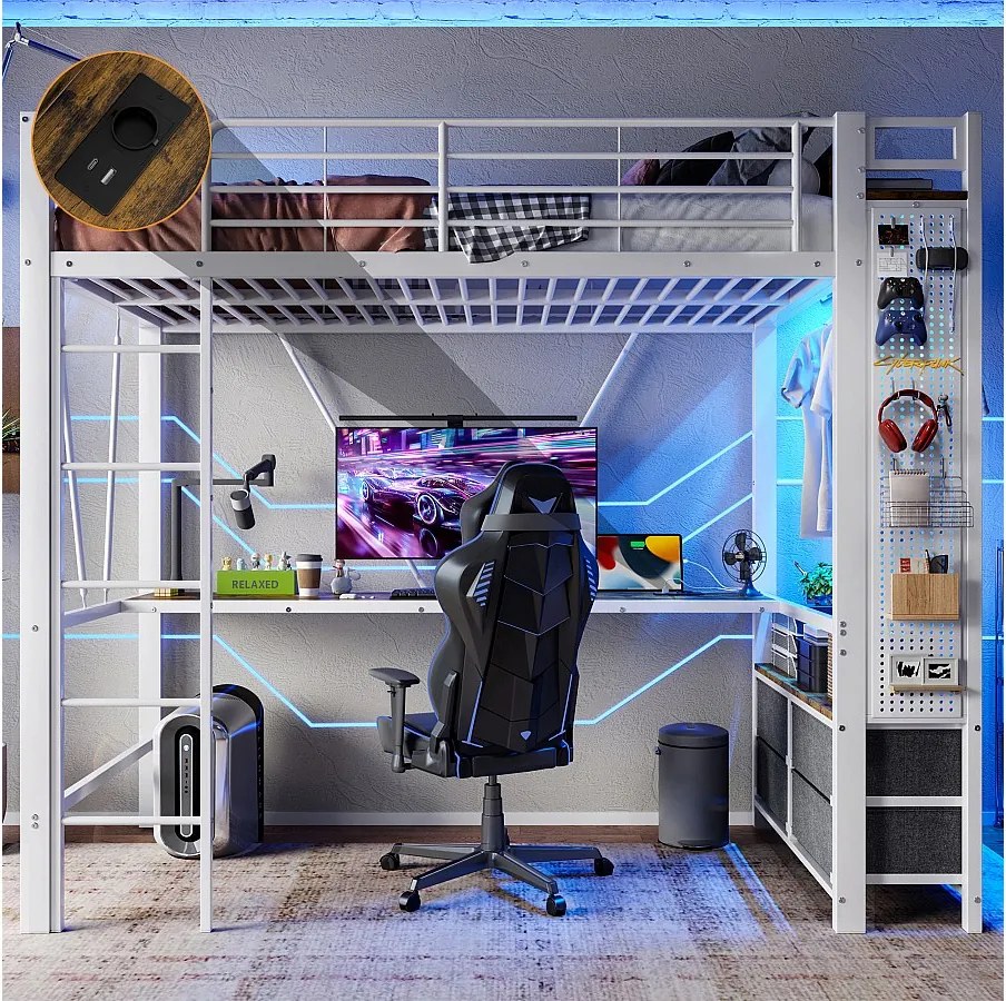 Łóżko piętrowe 90x200 cm - Łóżko młodzieżowe z biurkiem i 4 szufladami, oświetleniem LED i portem USB - białe - materac nie jest wliczony w cenę