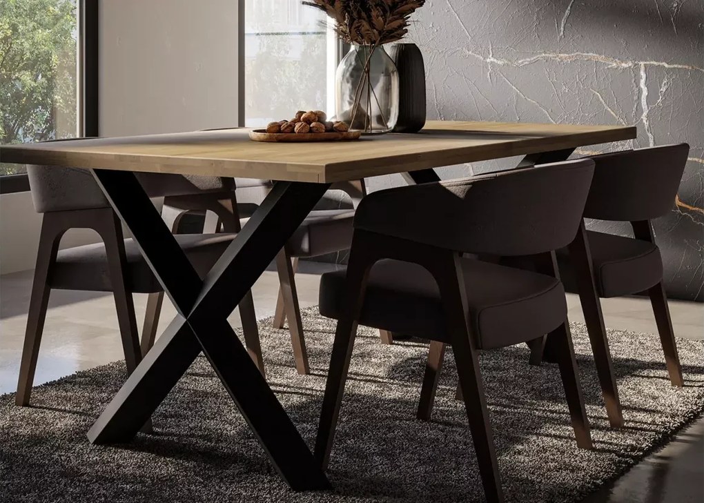 Atlass 180x100 cm – stół z litego drewna dębowego olejowanego z łączeniem finger joint i minimalistyczną stalową czarną podstawą