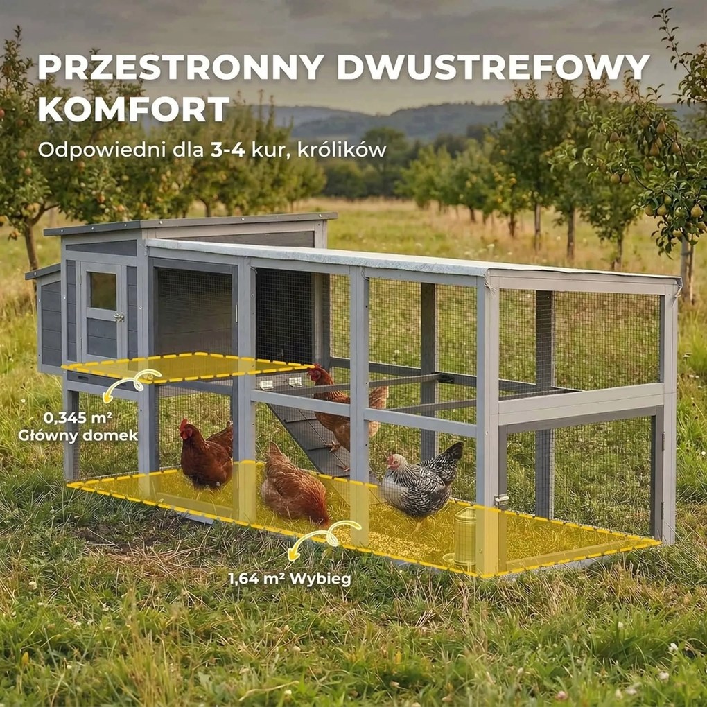 PawHut Kurnik dla 3-4 kur z wybiegem, gniazdem, dachem asfaltowym, osłoną Oxford i szufladą, 264x82x89 cm, szary | Aosom PL